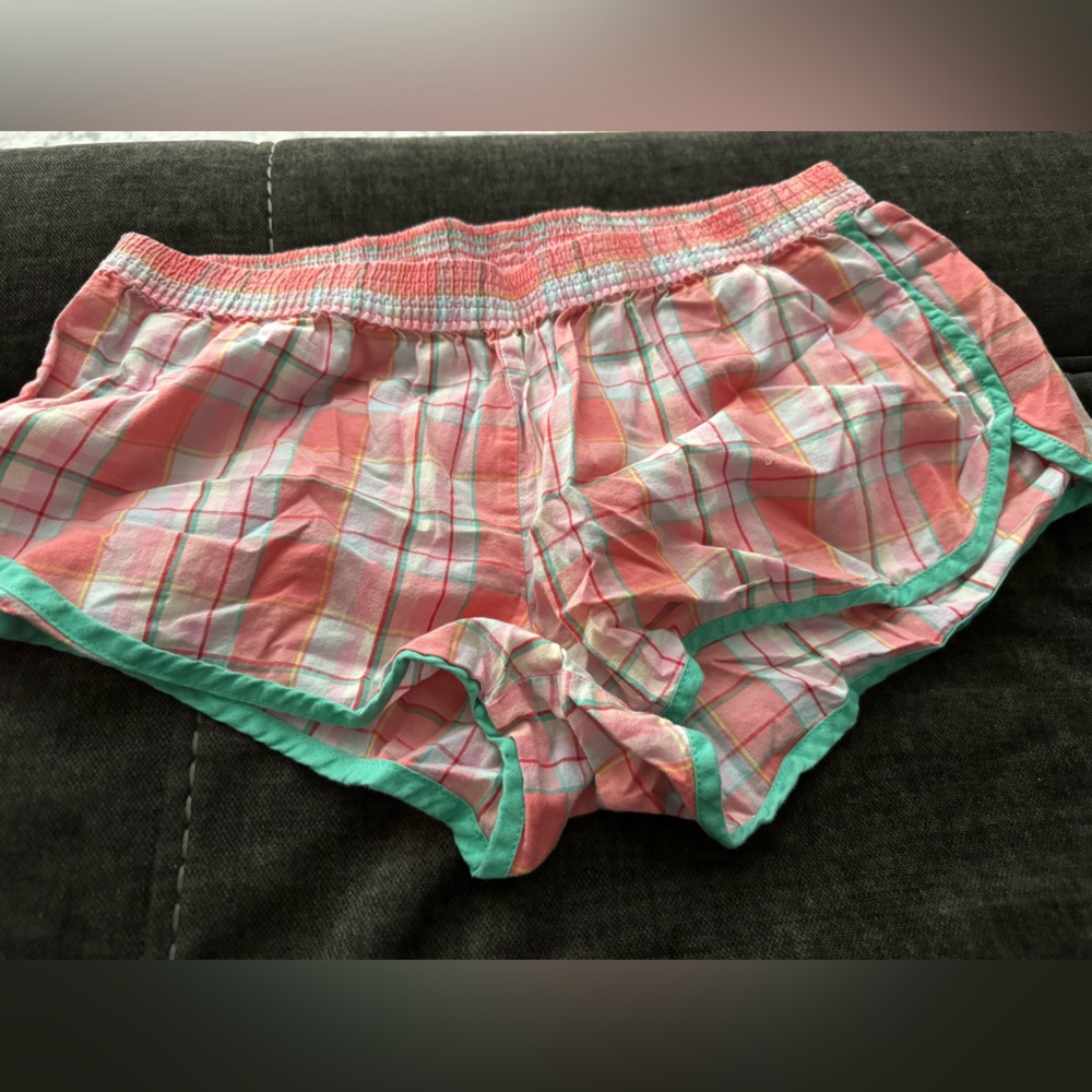 Aerie Coral Plaid Pajama Shorts
